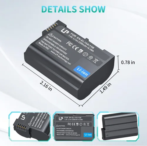 Vista 3 de LP EN-EL15C Batería de Reemplazo, 2200 mAh EN-EL15a/EN-EL15b Batería Compatible con Nikon D7500, D7200, D7100, D7000, D850, D750, D500, D810a, D810