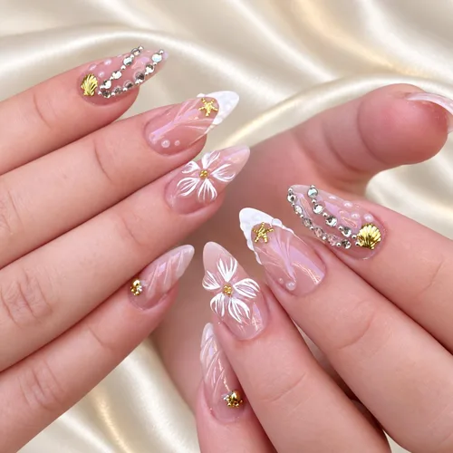 Vista 48 de Uñas postizas a presión medianas con diseño geométrico blanco almendra – 24 uñas postizas reutilizables de ABS brillante, fácil de aplicar, juego
