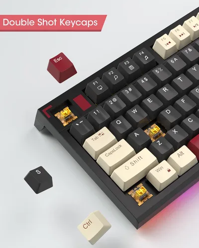 Vista 4 de Teclado mecánico compacto 80% para juegos, teclado tkl con cable con interruptores amarillos, teclado ergonómico de estilo retro