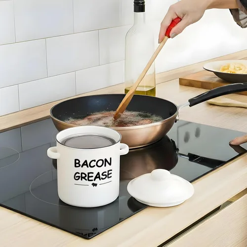 Vista 3 de SOLIGT Recipiente de grasa de tocino de cerámica con colador - 600ml / 20oz Recipiente de grasa de tocino de estilo rústico con asa de agarre fácil