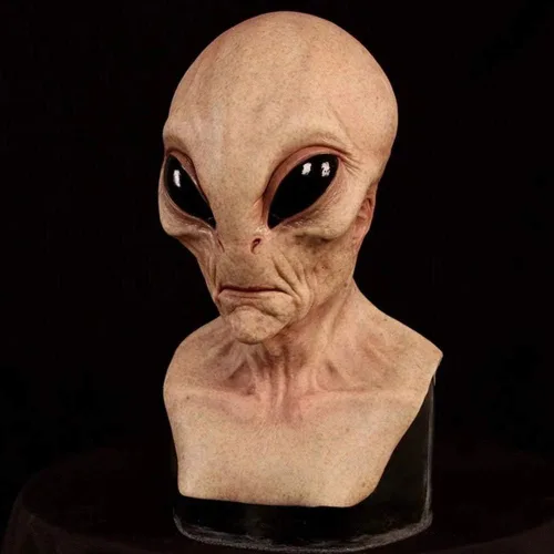 Vista 4 de Área 51 Máscara de látex de alienígena aterradora ovni para Halloween, terror, divertido casco de ojos grandes, fiesta terrestre, ET, de goma