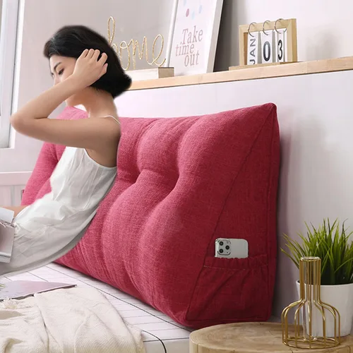 Vista 4 de Almohada triangular grande para cabecero de lectura, almohada de lino y algodón para sofá cama, cojín de apoyo de posicionamiento con funda Rojo