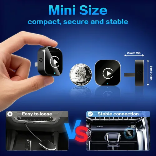Vista 7 de Mini Adaptador Inalámbrico CarPlay para iPhone, 2 en 1 para Apple CarPlay y Adaptador Android Auto, Convierte de Cableado a Inalámbrico, Plug & Negro