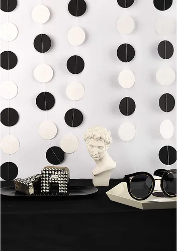 Vista 4 de Guirnalda de papel blanco y negro con círculos, guirnalda de puntos, decoración para colgar, telón de fondo, 2 pulgadas de diámetro, paquete de 3