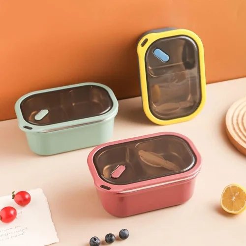 Vista 5 de Caja Bento de acero inoxidable, contenedores de almuerzo de metal con compartimento, lonchera sellada contenedor de comida (azul)