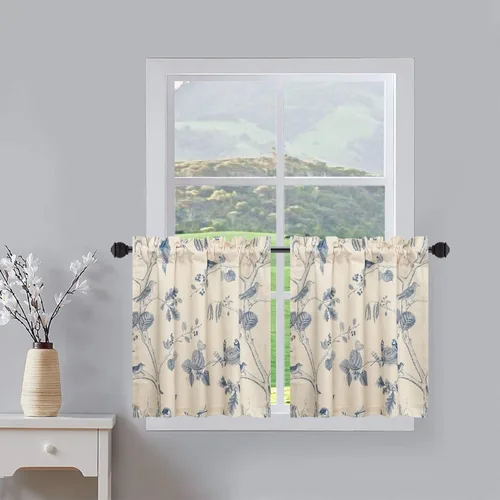 Vista 11 de Leeva Cortinas rústicas de cocina con estampado floral verde mezclado de lino para media ventana, para comedor, bolsillo para barra, cafetería