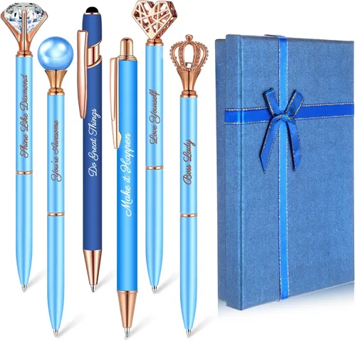Vista 9 de Qeeenar 6 bolígrafos elegantes para mujer, bolígrafo de diamantes de cristal para diario, bonito bolígrafo con purpurina con caja, regalos Negro