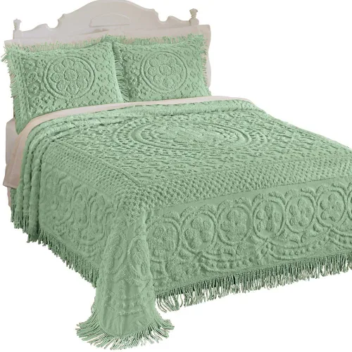 Vista 11 de Collections Etc Calista - Colcha ligera con borde de flecos de chenilla, Algodón, Verde, King