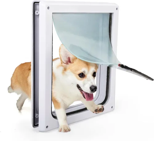 Vista 11 de PAWISE Puerta de perro de 2 vías, puerta para perro con cerradura con panel de metal seguro y solapa transparente flexible, resistente a