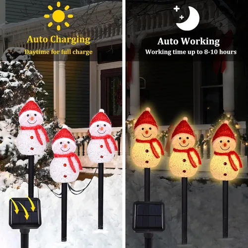 Vista 6 de 3 piezas de luces de Navidad solares con forma de muñeco de nieve, luces solares para caminos de paisaje con estacas, luces de Navidad