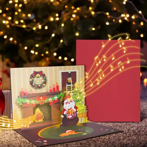 Vista 5 de XTF2015 Tarjeta de Navidad 3D Emergente con Música, Iluminación LED, Tarjeta de Felicitación con Chimenea y Sobre para Mujeres, Hombres, Niños