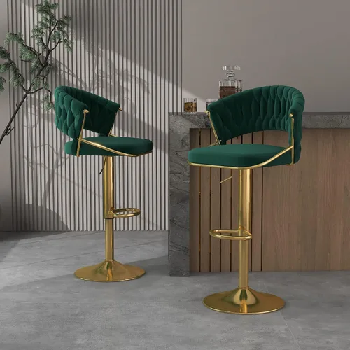 Vista 14 de Juego de 2 taburetes de bar giratorios de 360° con respaldo alto, silla de bar de terciopelo ajustable moderna de altura de mostrador, taburete