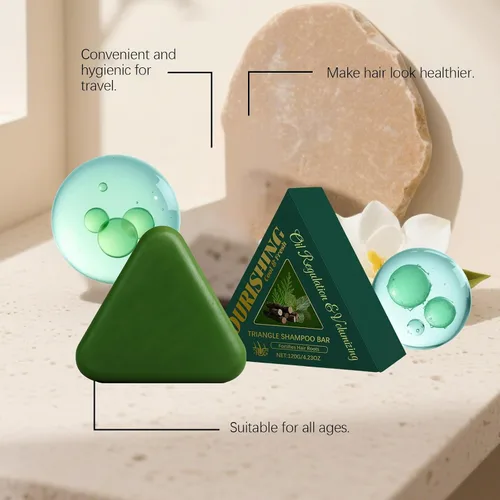 Vista 6 de Barra de champú triangular nutritiva a base de hierbas para cabello dañado – Crecimiento del cabello, reparación, control de aceite, limpieza