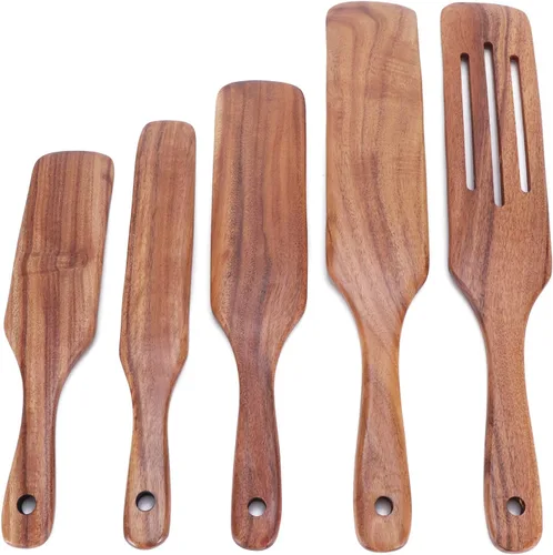 Vista 4 de Juego de utensilios de cocina de madera de teca, 5 piezas, espátulas de madera, herramientas de calor con orificio para colgar, para agitar, girar