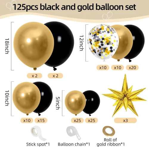 Vista 4 de Kit de arco de globos negros y dorados de regreso a clases, 128 unidades, estrella de explosión, globos negros y dorados metálicos de 18/12/10/5
