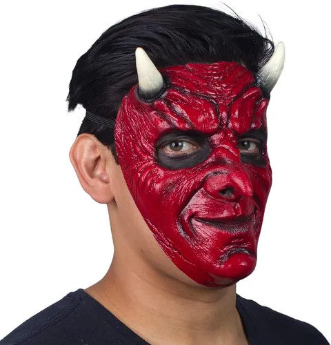 Vista 4 de Ghoulish Productions Máscara de demonio, máscara de diablo rojo. Máscara de látex de cara de demonio feliz. Máscara de látex de talla única