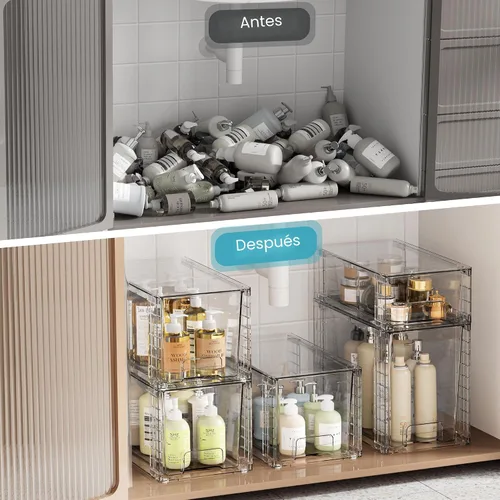 Vista 5 de Vtopmart Paquete de 3 cajones de almacenamiento apilables transparentes, organizadores de baño fáciles de montar y almacenamiento con asas, cajones