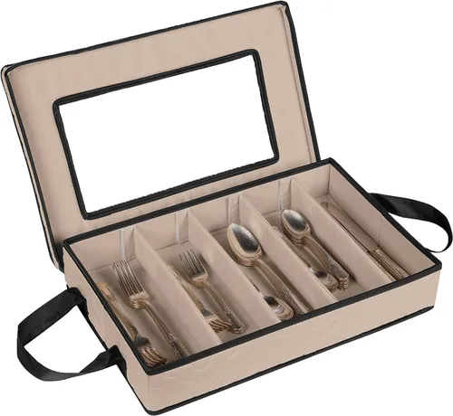 Vista 10 de Caja de almacenamiento para cubiertos - Resistente contenedor de almacenamiento para cubiertos de 5 compartimentos con tapa extraíble y asas fáciles