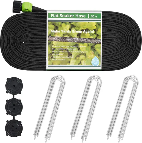 Vista 9 de Manguera de remojo plana de 15 pies, ahorra un 70% de agua, diseño a prueba de fugas, manguera de rociador de goteo de doble capa para cama de jardín