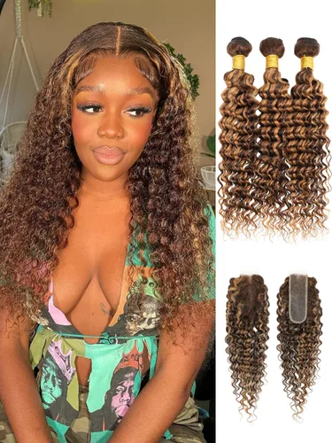 Vista 20 de Cabello Humano Rizado Castaño Rojizo, Trama Gruesa Castaño Cobrizo Rojo Coloreado Ondas Profundas Paquetes Individuales Cabello Humano 12A Tejido