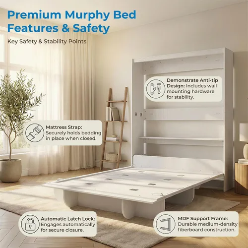 Vista 7 de Mjkone Cama Murphy de pared vertical Queen con estante de almacenamiento