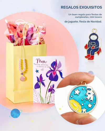 Vista 5 de JIALEEY Abalorio con temática espacial, chapado en oro, surtido de esmalte mixto de astronauta Júpiter, cohete, planeta, celestial, colgante