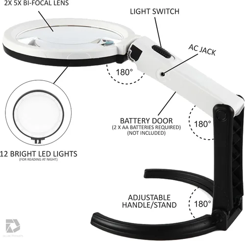 Vista 4 de Deluxe Products Lupa plegable con luz y soporte, 2 en 1, luz de lupa ligera de mano o manos libres. Lente bifocal 2X 5X para manualidades, lectura
