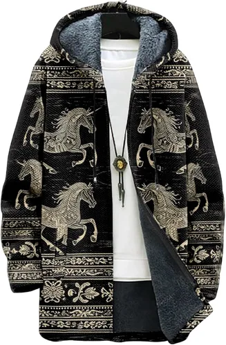 Vista 8 de Chaqueta de forro polar con capucha para hombre, con estampado azteca, de algodón pesado, con cremallera, manga larga, chaqueta con capucha