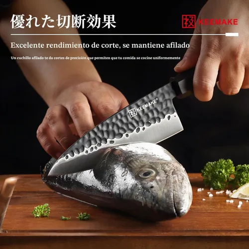 Vista 3 de Cuchillo Deba KEEMAKE de 6 pulgadas, cuchillo japonés de doble bisel de acero inoxidable 440C para pescado/filete con asa de madera octogonal G10