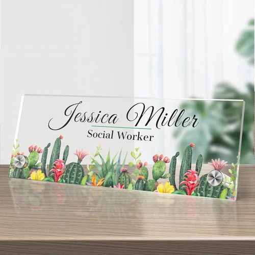Vista 8 de Placa de identificación personalizada para escritorio, decoración de oficina de acrílico transparente con diseño de flores, decoraciones