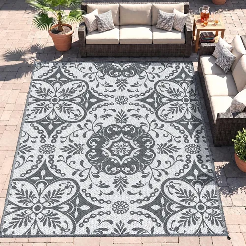 Vista 37 de Outsunny Alfombra de exterior para patio impermeable 9' x 18' rombo negro y Borde rombo negro y gris