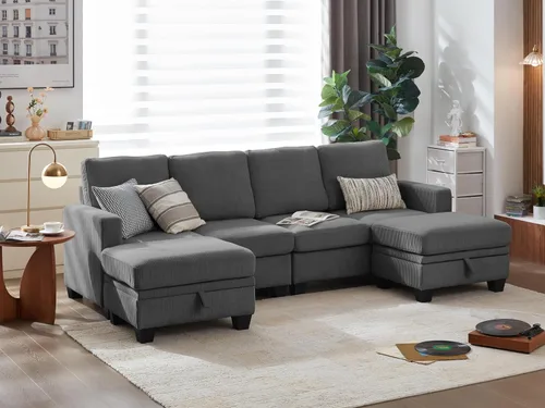 Vista 17 de CHIC HOUSE Sofá modular modular con otomanas de almacenamiento, sofá de pana para espacios pequeños y apartamentos, sofá esquinero convertible