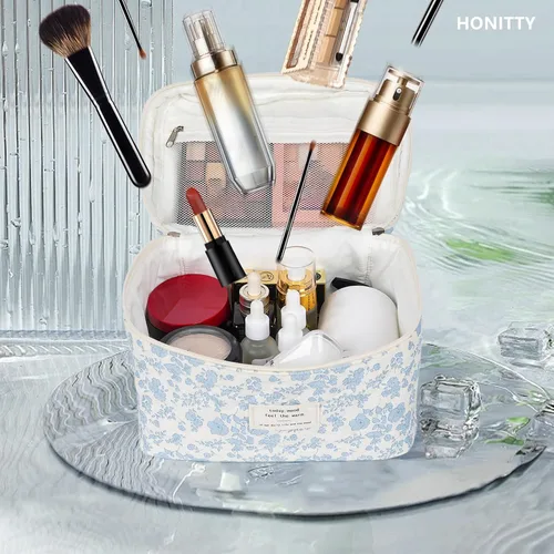 Vista 6 de honitty Bolsa de maquillaje, bolsas de cosméticos acolchadas, bolsas de maquillaje florales grandes para mujeres, organizador de maquillaje, bolsa