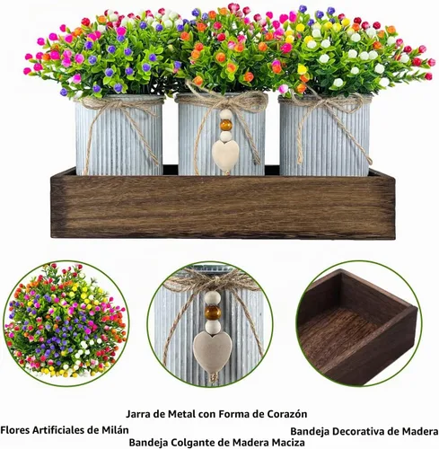 Vista 2 de Set de decoración de centro de mesa con flores artificiales, incluye 3 ramos falsos de Milán y bandeja de madera para decoración de escritorio