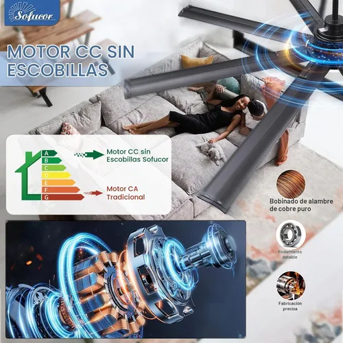 Vista 7 de Sofucor - Ventilador de techo inteligente de 84 pulgadas con luz, ventilador de techo negro para exteriores con 8 aspas de aluminio, funciona