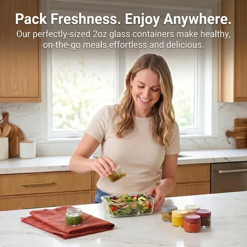 Vista 4 de EONJOE Recipientes de vidrio de 2 onzas para salsas, mini tarros de condimentos con tapas, accesorios para lonchera, paquete de 6 Airtight ,BPA