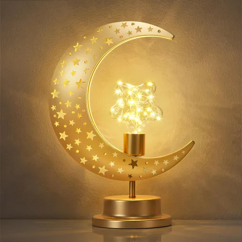Vista 8 de Luxspire Lámpara de luna de Ramadán, luna creciente y estrella, luces de Ramadán, decoraciones para el hogar, decoración de Eid Mubarak, faroles
