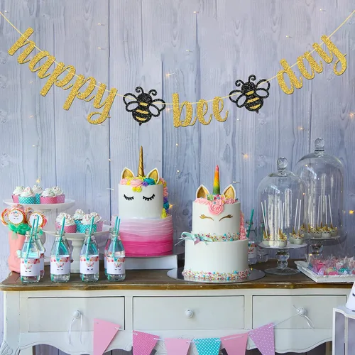 Vista 3 de Cartel de Feliz Día de la Abeja con purpurina dorada/Suministros de fiesta de baby shower con temática de abejorros/Nueva mamá/fiesta de revelación
