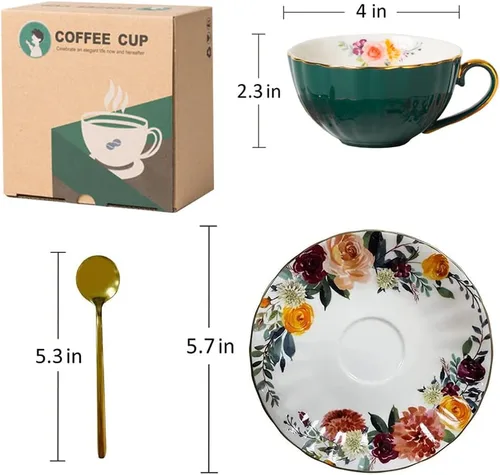 Vista 6 de JOYOFUN Taza y Platillo de Té Verde, Taza de Café de Porcelana con Diseño Floral Forrado de Cerámica Real con Ribete Dorado y Cuchara, Taza