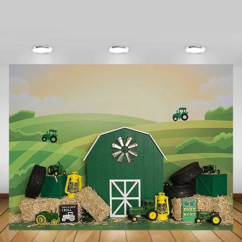 Vista 2 de MEHOFOND Telón de fondo de fiesta de cumpleaños de tractor para niño y niña, feliz primer cumpleaños, retrato de granja verde, fotografía de fondo