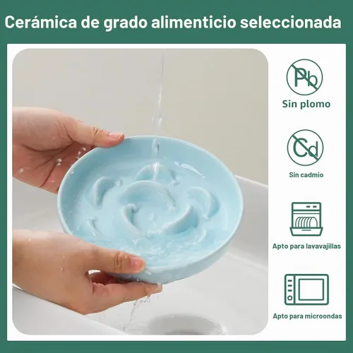 Vista 5 de Ceramic Slow Feeder Cat Bowl, 6.3'' Wide Whisker Friendly Cat Puzzle Feeder Cuenco-Azul Pastel