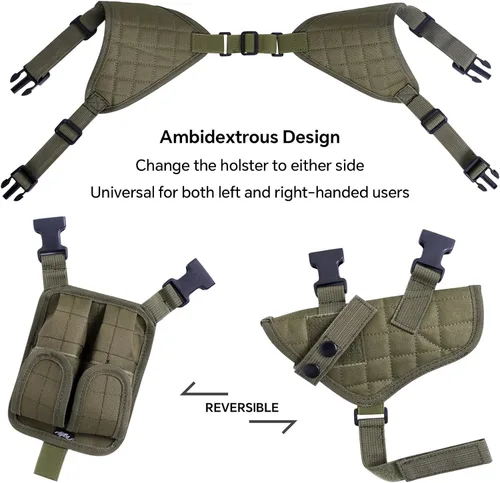 Vista 4 de Funda de hombro para pistolas, funda vertical ajustable para pistola con doble bolsa de cargador, funda de transporte oculta universal que se adapta