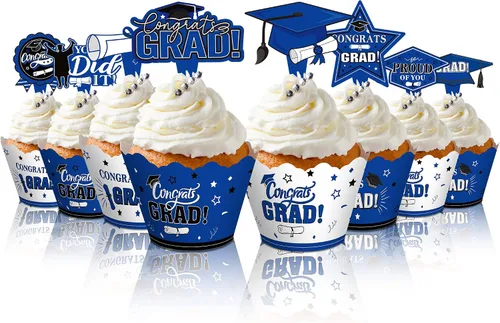 Vista 12 de Lincia 96 piezas 2026 decoraciones para cupcakes de graduación 2026 con púas, suministros de fiesta de graduación y envoltorios para pasteles