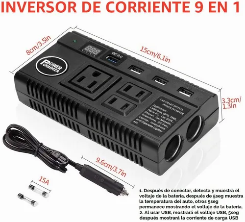 Vista 4 de Inversor de corriente para automóvil de 120 W, 12 V, 24 V CC a 110 V CA, 4 puertos USB, adaptador de cargador de coche con 3 salidas de CA