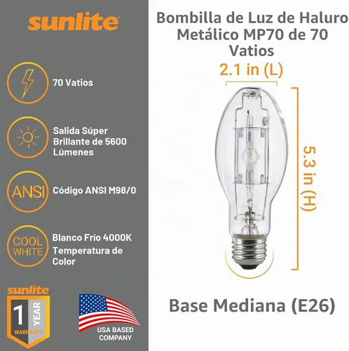 Vista 2 de Sunlite MP70/U/MED/PS 03641-SU - Bombilla de halogenuros metálicos protegidos de 70 W, base media, transparente