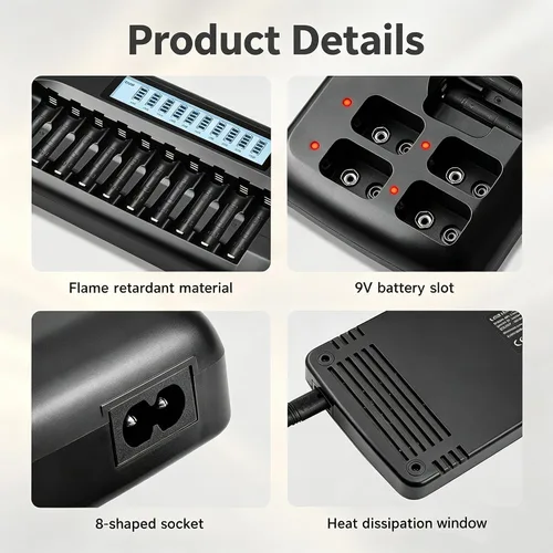 Vista 4 de CITYORK Cargador de batería AA AAA 9V de 10+4 bahías, pantalla LCD inteligente con función de descarga, 10 bahías para baterías recargables AA/AAA