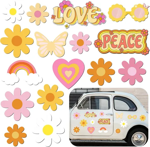 Vista 8 de 16 piezas de flores hippie para automóvil, decoración de fiesta temática de los años 60, calcomanías magnéticas divertidas para nevera, flores, paz