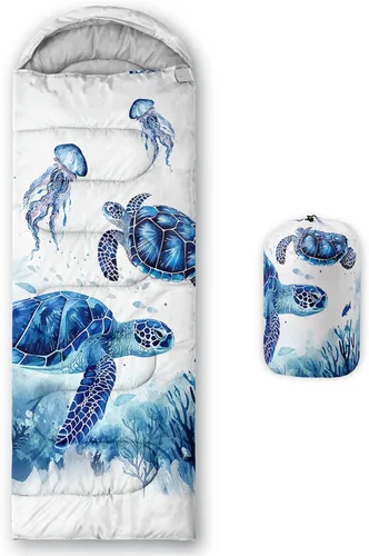 Vista 71 de QOOMO Saco de dormir para camping, 3 estaciones, clima cálido y fresco, ligero, saco de dormir impermeable para adultos y niños, viajes y al aire