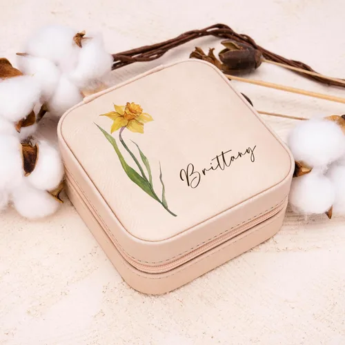 Vista 9 de Joyero de cuero personalizado con mes y nombre de flores de nacimiento coloridas, color blanco, estuche de viaje de joyería personalizado