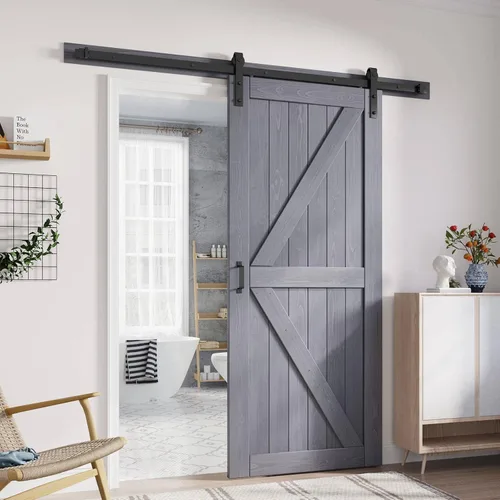 Vista 20 de FREDBECK Puertas dobles grises de 24 x 84 pulgadas, puerta de granero de 48 pulgadas con kit de herrajes para puerta de granero de 8 pies incluido